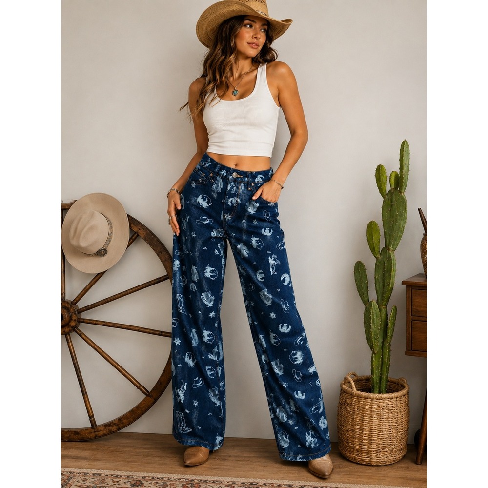 Cali 1850 Western Print Wide Leg Jeans Size 1/25 Cowgirl Cactus Cowboy Hat Denim